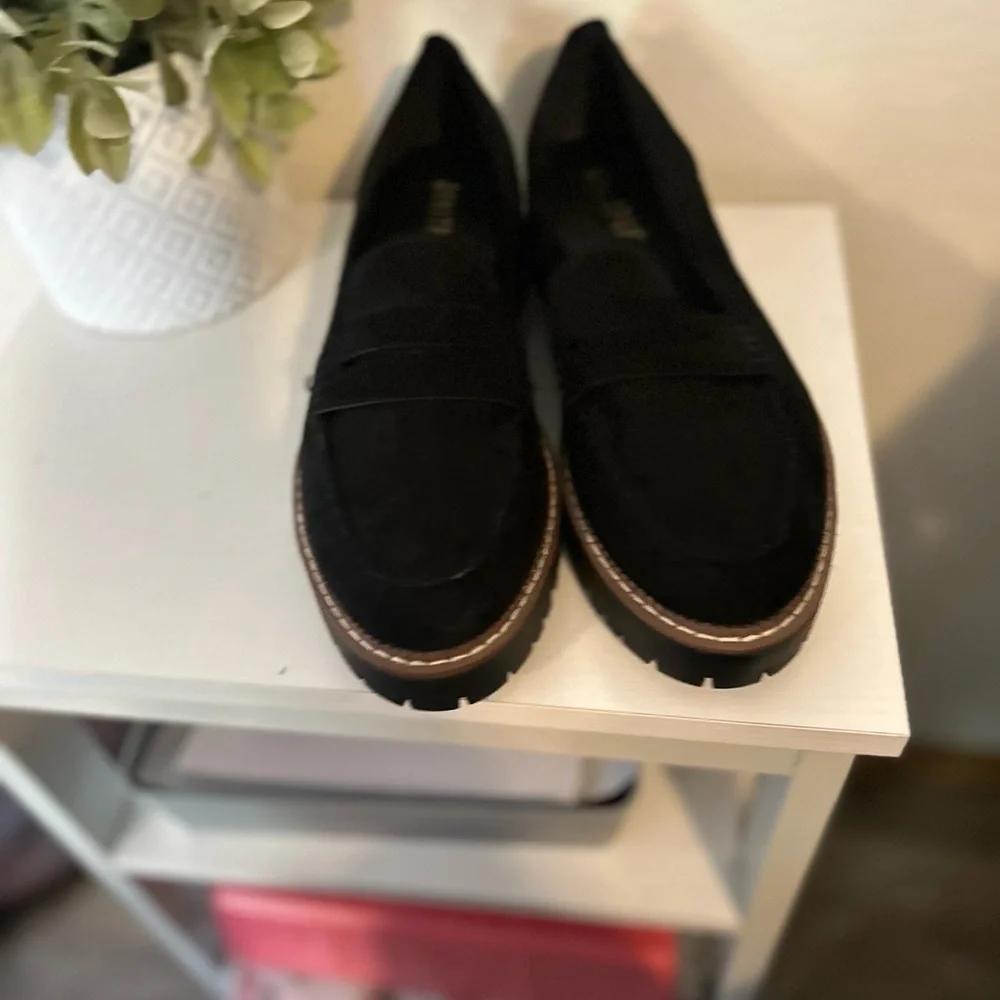 New Jelly Pop chunky Black Suede heel penny loafers women's Size 11